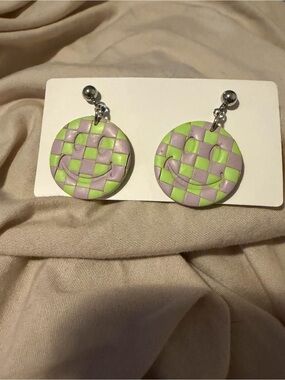 Green and Lavender Checkerboard Smiley Earrings
